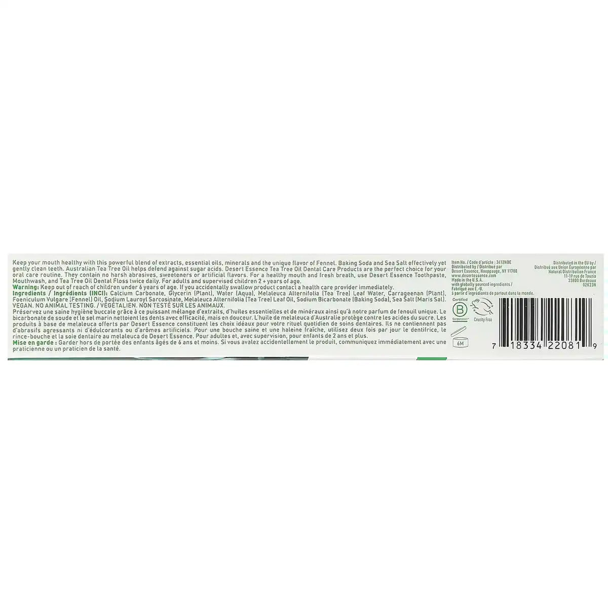 Natural Tea Tree Oil Toothpaste - Fennel