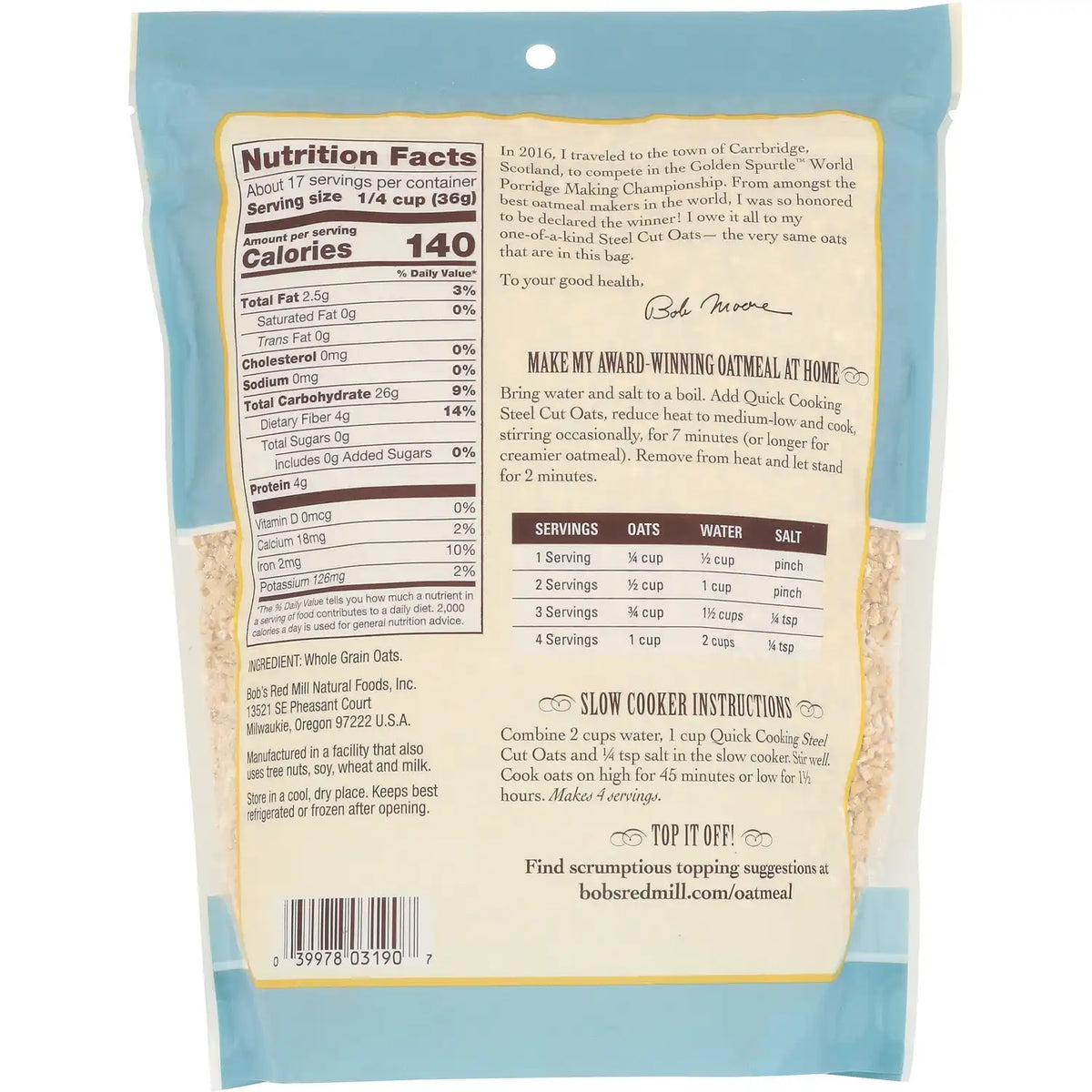 100% Whole Grains Quick Cooking Steel Cut Oats