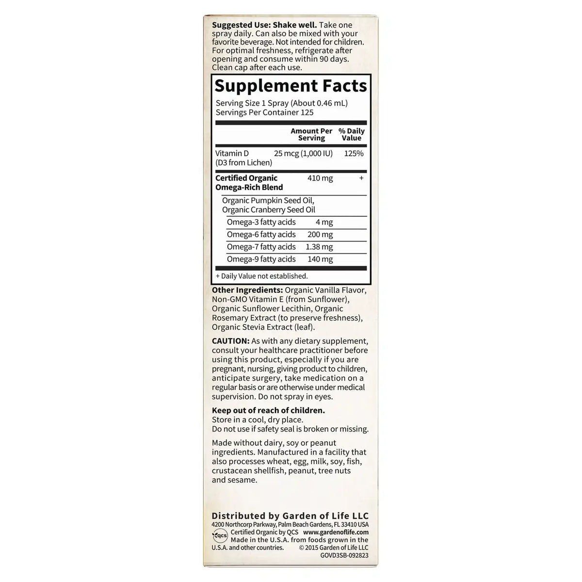 Organics Vegan D3 Organic Spray - Vanilla